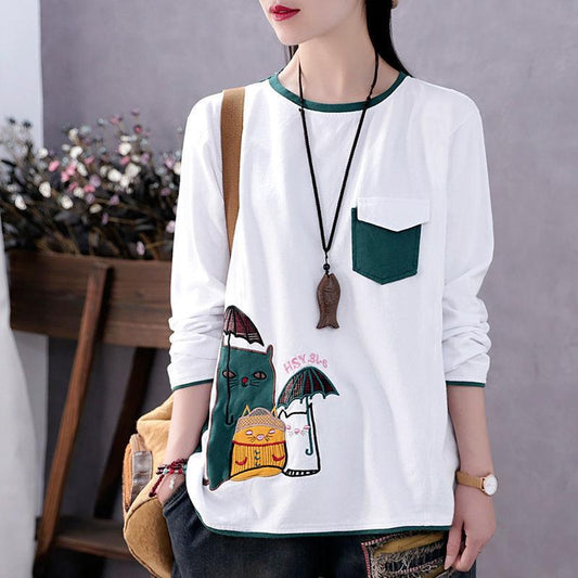 Cute Cat Print T-shirt Large Size Casual Loose Pullover Ladies Long Sleeve Shirt Summer