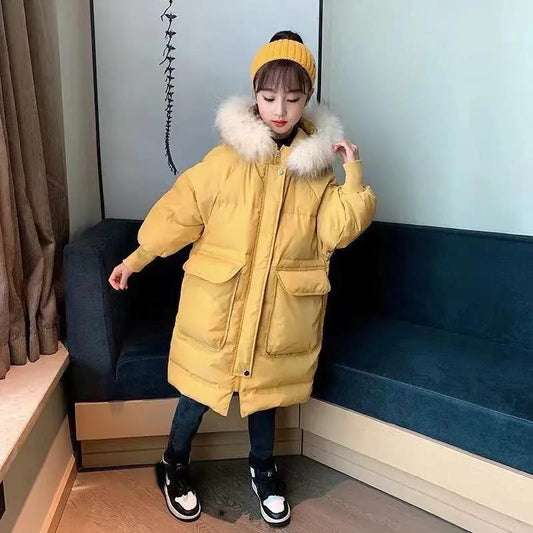 Girls' Winter Mid-length Cotton Jacket Padded Jacket with Velvet Windproof and Warm Top