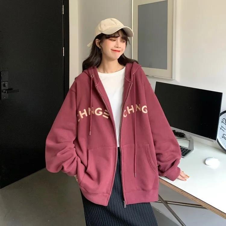 Embroidered Solid Color Sweater Coat Women Autumn and Winter Loose Hooded Cardigan Large Size Sweater Girl's Zipper Jacket