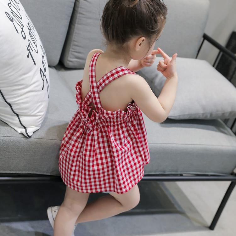 Children Dress Girls Summer Thin Sling Dress Plaid Sleeveless Back Cross Princess Dress Ruffle A-line Dress Suspender Dress