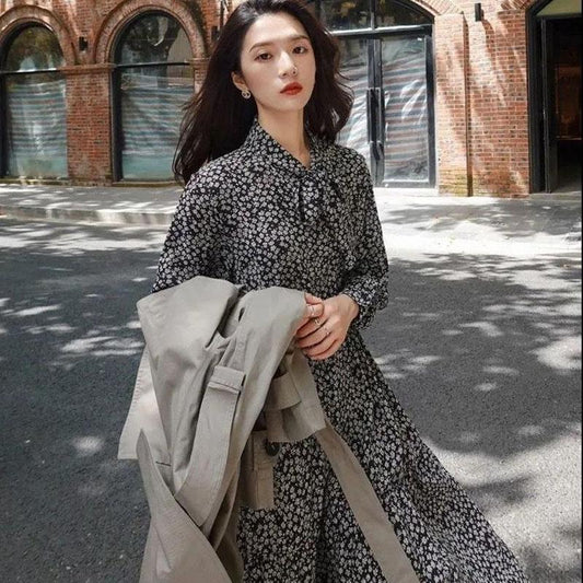 Spring and Autumn French Retro Floral Ladies Bottoming Dress Long Dress Fashion Korean Version Loose and Thin Hepburn Printed Women's Long Dress