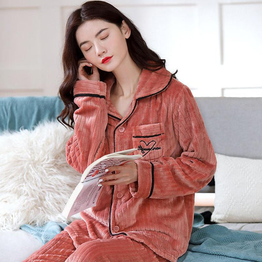 Pajamas Autumn Female Flannel Fabric Skin-friendly Soft Thickening Suit Spring Autumn Winter Cardigan Coral Fleece Cute Home Service