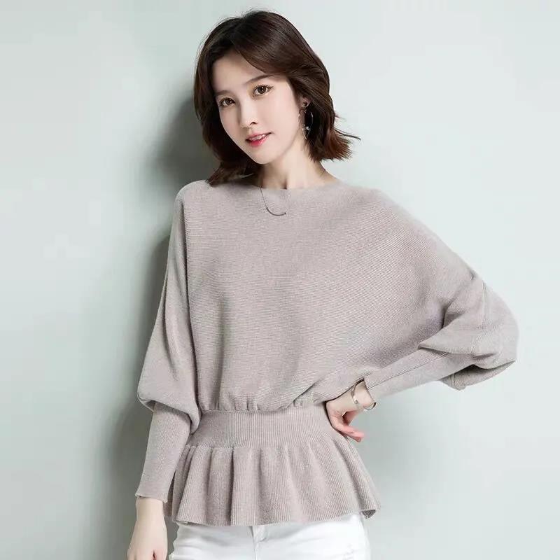 Spring and Autumn Sweater Women's Korean Style Loose Neck Undershirt Pullover Slim Knitted Bat Tops