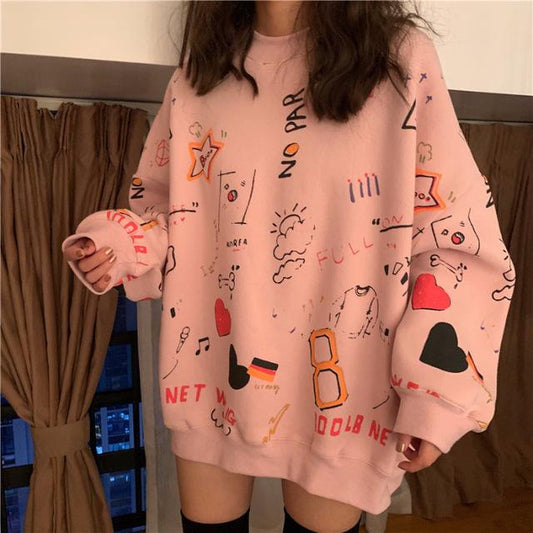 Autumn and Winter Korean Version of Loose Long-sleeved Graffiti Printing Retro Pullover Sweater Women's Casual All-match Jacket