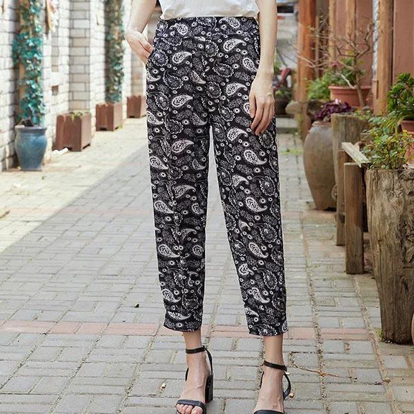 Women's Spring and Summer Plus Size Printing Long Pants Female Elastic Waist Loose Casual Thin Trousers