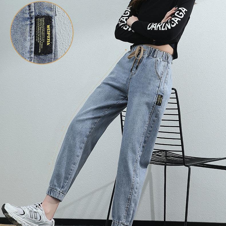 Women Spring and Autumn Large Size Streetwear Cropped Jeans Loose Solid Color High Waist Elastic Casual Jeans