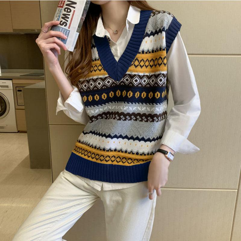 Vintage Printed Sweater Vest Women All-match Short Loose Pullover Vest Outer Wear Sweater Tank Tops