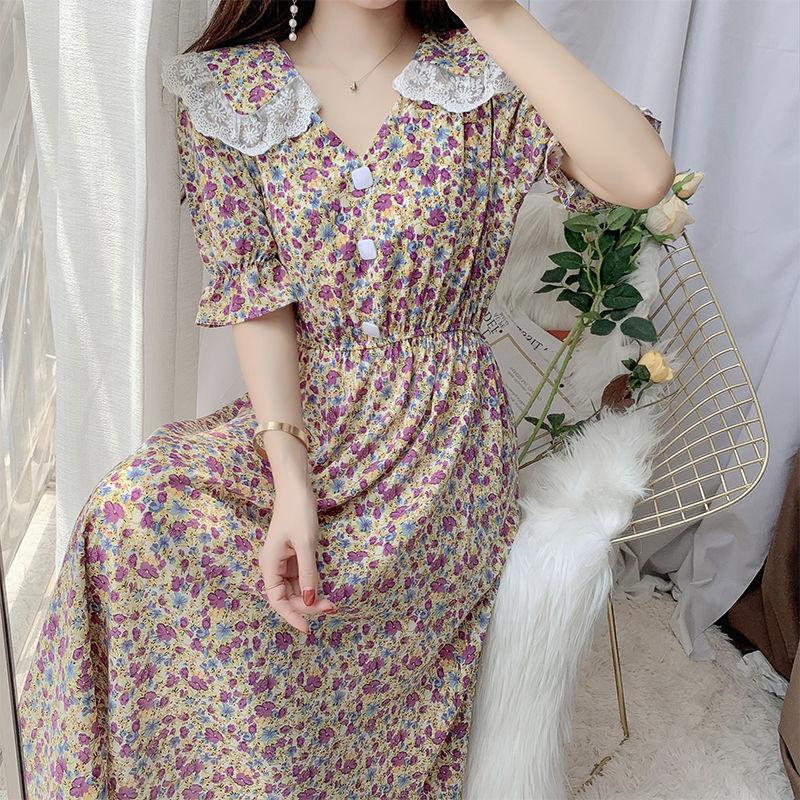 Women Summer Vintage High Waist Fairy Holiday Long Dress Elegant Slim Lace Peter Pan Collar Idyllic Floral Printed Dress