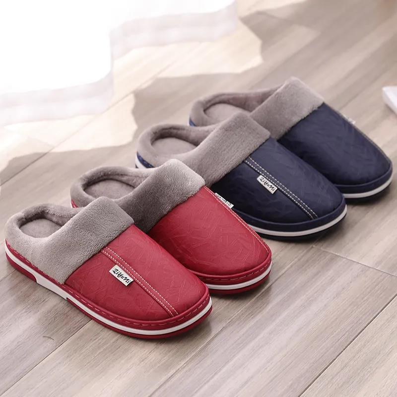 Autumn Winter Women's Home Indoor Waterproof Non-slip Thick-soled Warm Couple Thickened Pu Cotton Slippers