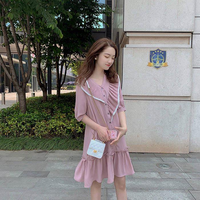 Pofulove Women V-neck Chiffon Dress Loose Short-sleeved Short Ruffle A-line Dress Students Dresses