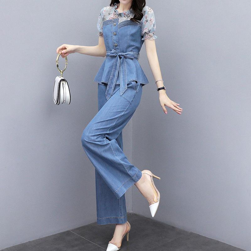 Cowboy Wide-leg Pants Suit Women's Temperament Age Reduction Two-piece Short-sleeved Denim Jacket + Denim Wide-leg Ladies Temperament Elegant Suit