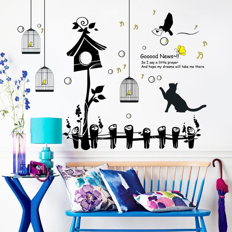 Happy bird cage background wall stickers environmental murals funny cat birds wallpaper