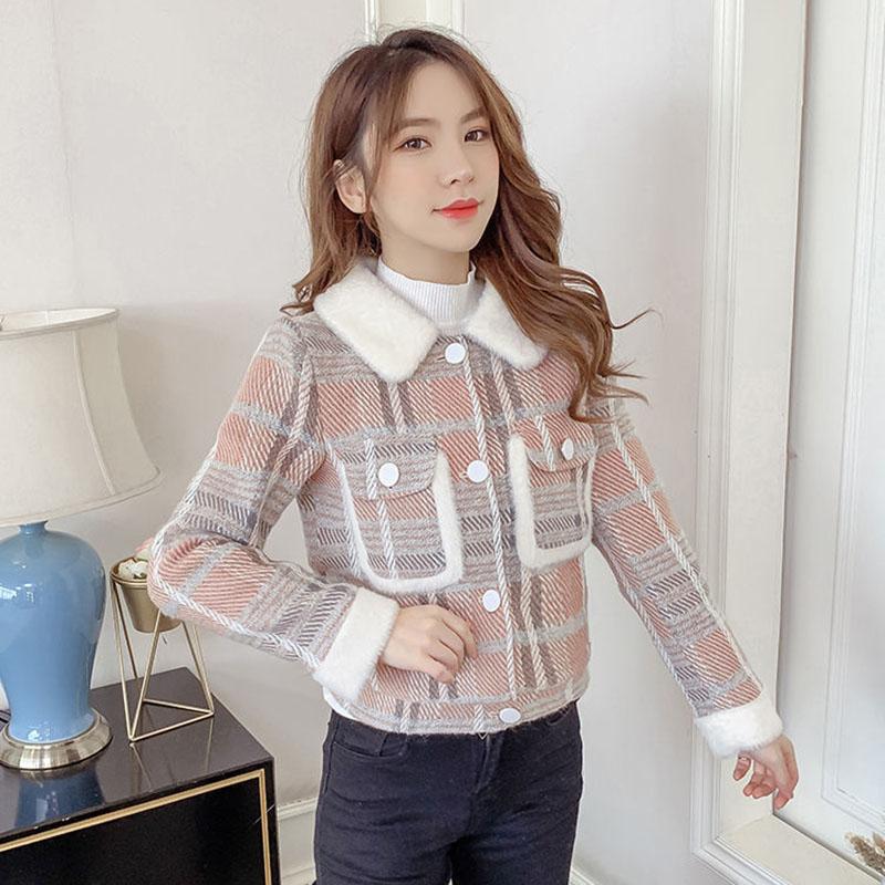 Winter Korean Style Plaid Fur Collar Casual Loose Jacket Women Fashion All-match Straight Short Top