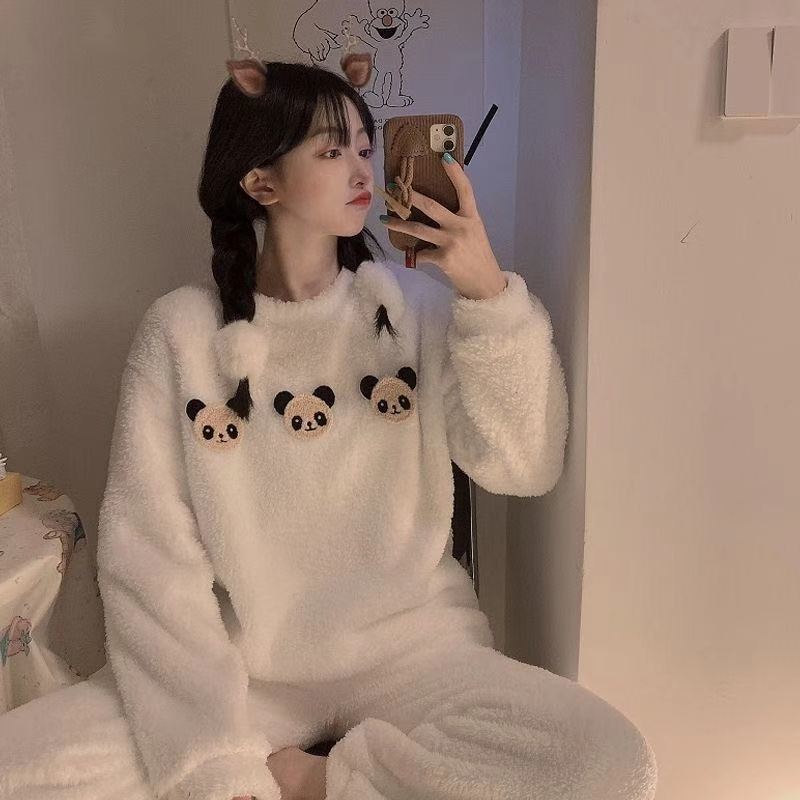 Women's Winter Thick and Velvet Korean Pajamas Suit Fashion Flannel Cartoon Outer Wear Cute Sweet Home Service