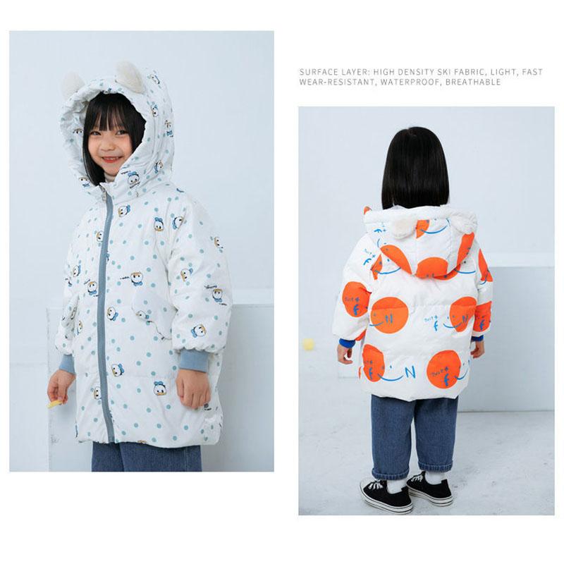 Girls White Duck Down Warm and Windproof Down Jacket Mid-length Cartoon Winter Thick Hooded Children's Clothing