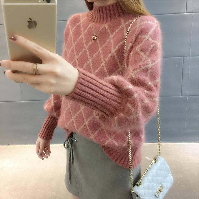 Pofulove Mohair Girly Lantern Sleeve Turtleneck Knitwear Skin-friendly Losse Plaid Pullover Sweater