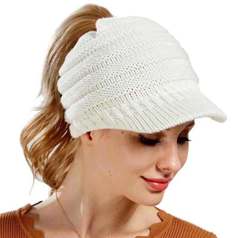 Women's Knitted Ponytail Hat Woolen Warm Cap Sports Outdoor Style Warm Baseball Cap All-match Outdoor Riding Hat Empty Peaked Knitting Cap with Brim