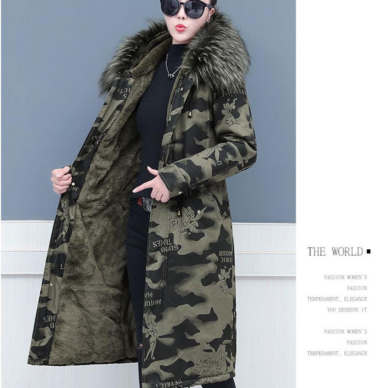 Female Camouflage Parka Coat  Winter Long Cotton-padded Jacket Flocking Hooded Cotton-padded Jacket Winter Print Overcoat