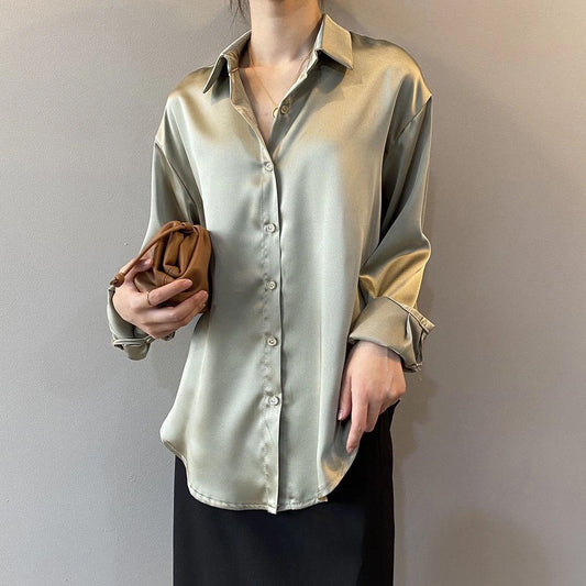 Women's Spring Autumn Button Up Satin Silk Shirts Large Size Vintage Long Sleeve Blouse Office Ladies Solid Color Loose Street Shirts