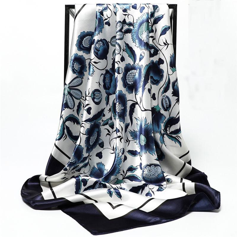 Square Silk Imitation Satin Women Elegant Scarf  Flower Wrap Shawl All-match Headscarf Sunscreen Gauze Shawl