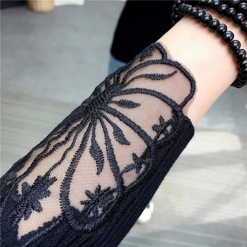 Autumn and Winter Korean Sexy Hollow Diamond-studded Sweater Women's Pullover Sweater Stretch Mesh Embroidery Lace Base Sweater