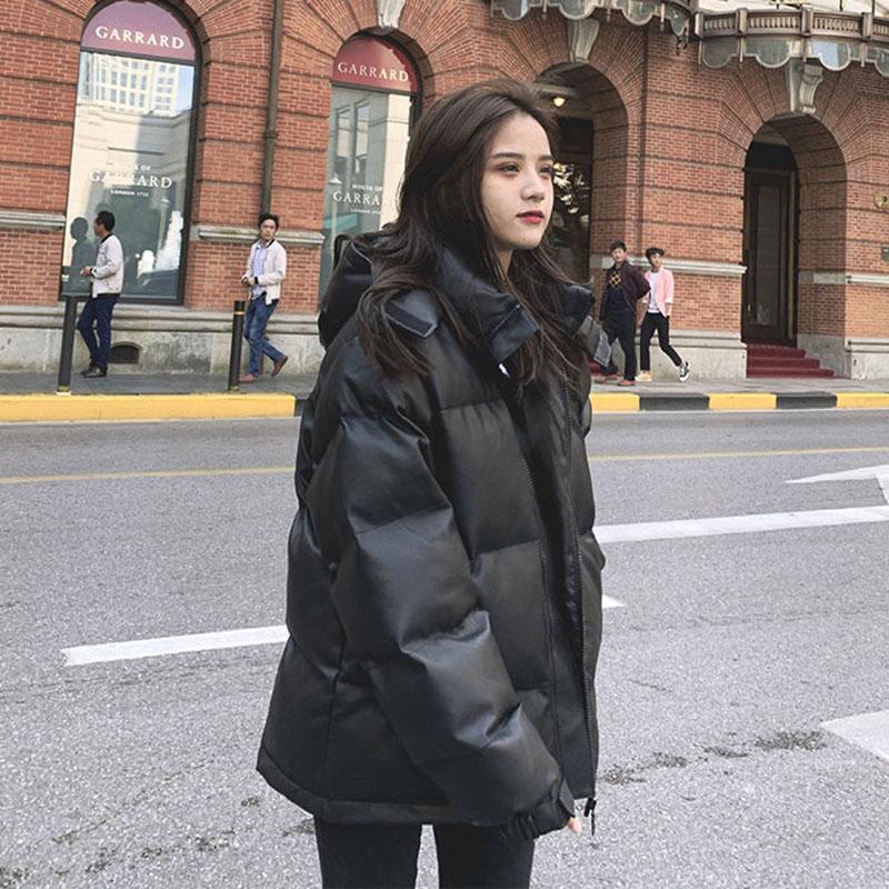 Cotton Clothes Women's Winter Korean Version of Loose Oversize Hooded Thick Short PU Leather Coat Jacket