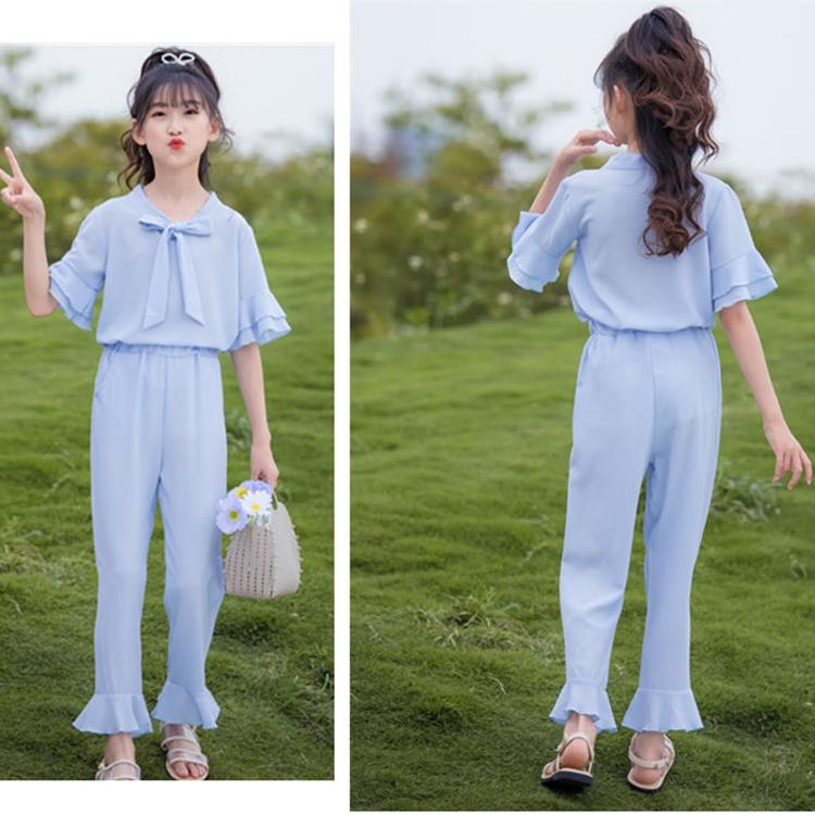 Girls' Set Summer Thin Korean Short Sleeve Pants Two Piece Set Bow Tie Ruffle Loose Suit Casual Wear