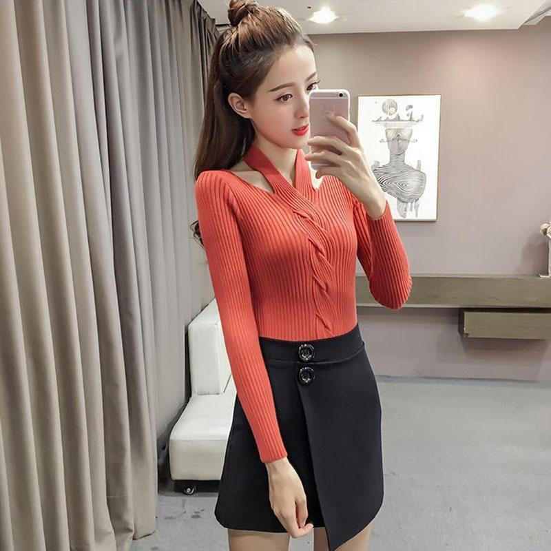 Autumn and Winter Hanging Neck Casual Sweater Retro Scottish Style Top V-neck Thin Women's Bottoming Shirt