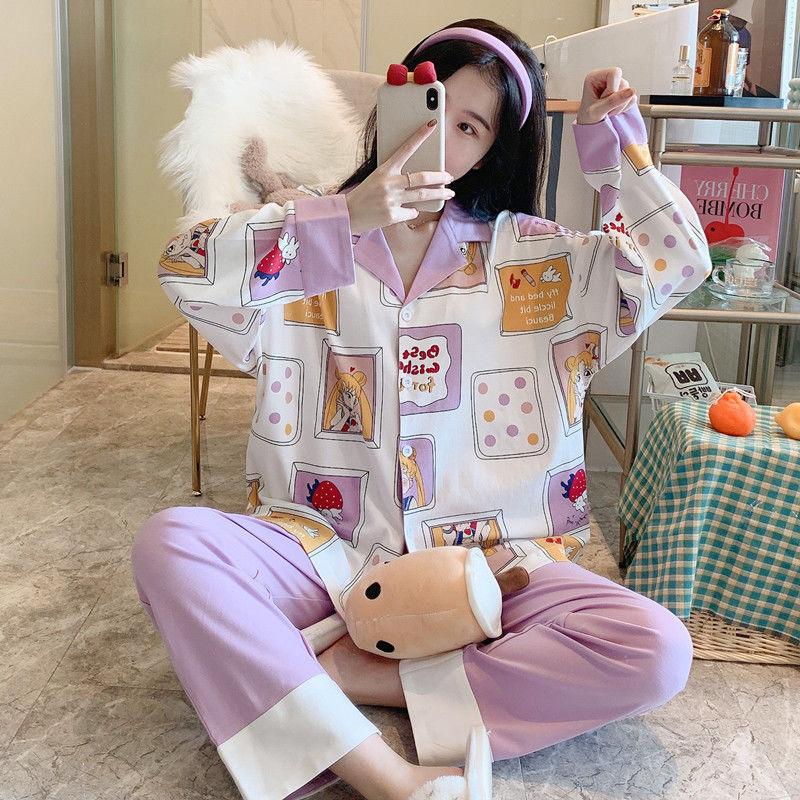 Set Pajamas Ladies Sleeve Trousers Cute Cartoon Cardigan Girl Princess Style Home Service Suit Fabric Skin-friendly and Soft