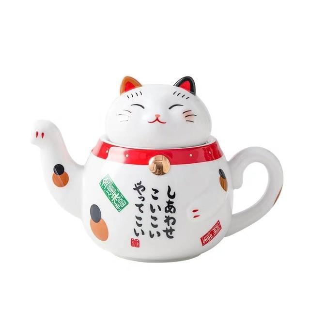 Cute Japanese Lucky Cat Porcelain Tea Set Creative Maneki Neko Ceramic Tea Cup Kettle with Strainer Office Teapot Water Mug