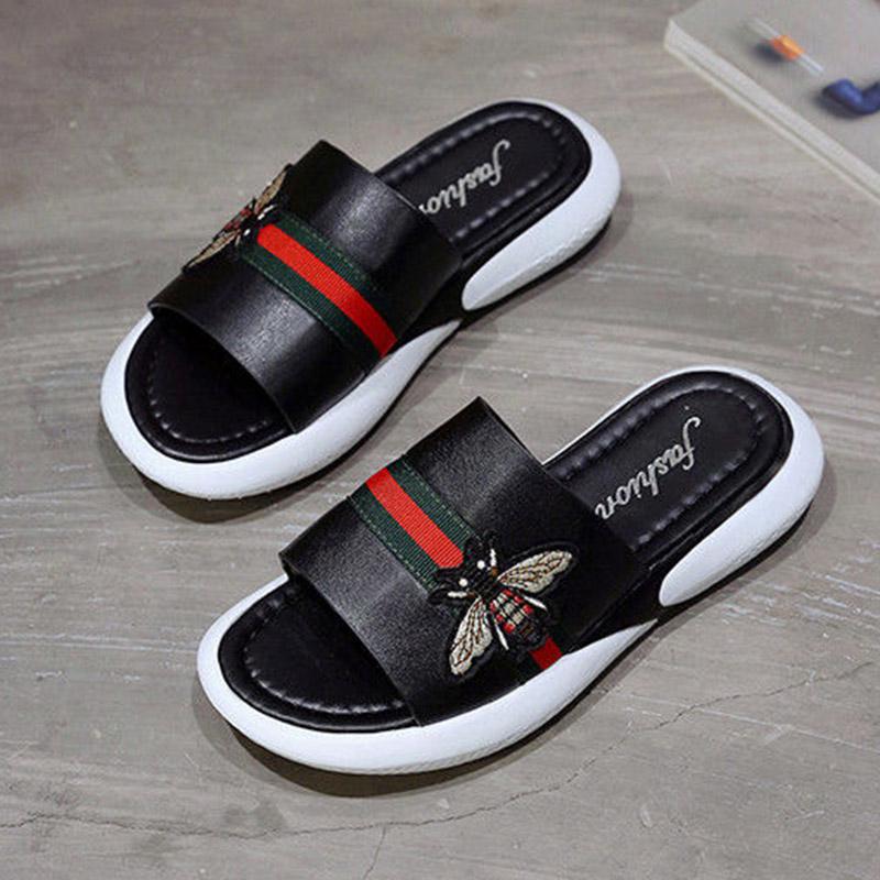 Plus Size 35-40 Summer Women PU Leather Slippers Outdoor Flat Bohemian Beach Wear-resistant Non-slip Office Lady Bee Sandals