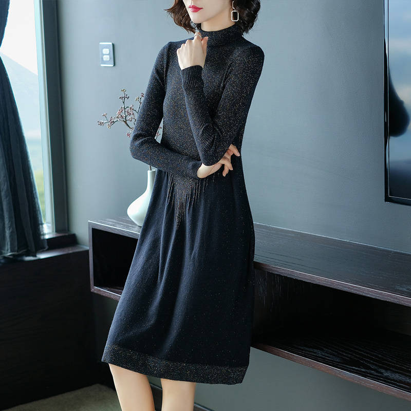 Autumn and Winter Bright Silk Knit Dress Slim Slimming Long-sleeved Bottoming Skirt Fashion Casual Women Sweater Dress