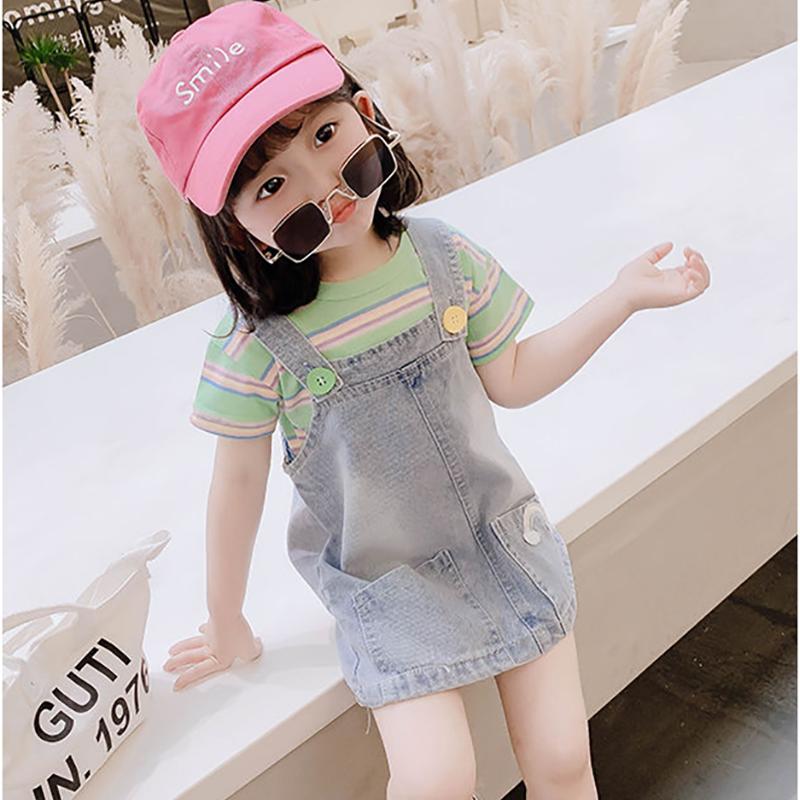 2PCS Children Clothing Set Spring Summer Girls Suits Printing Short Sleeve Stripe Tops + Suspender Skirt Clothing Set