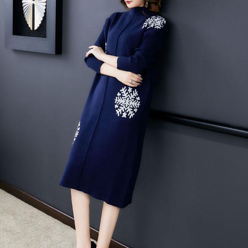 Autumn and Winter Plus Size Knitted Dress Loose Mid-length Skirt Long-sleeved Base Skirt Snowflake Pattern Middle-aged Women Sweater Dress