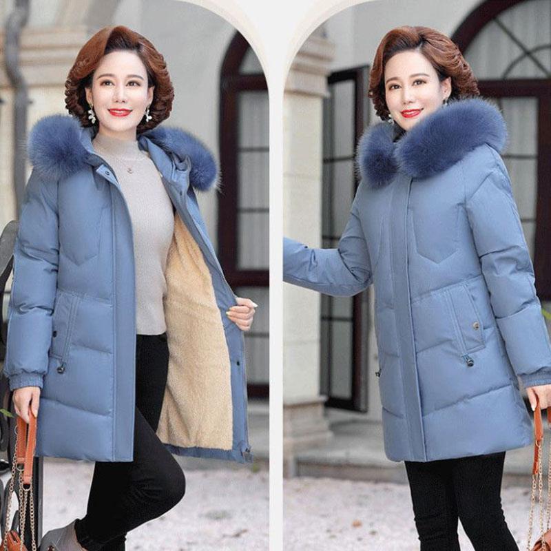 Winter Down Cotton Jacket Fashion Hooded Mid-length Jacket Thick Warm Cotton Jacket Suitable for Middle-aged Women