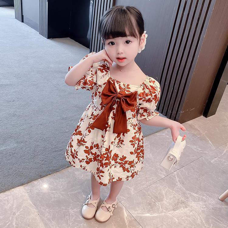 Children Dress Spring Summer Girls' Bow Chiffon Dress Floral Skirt Short Sleeve Girdle Princess Skirt A-line Dress