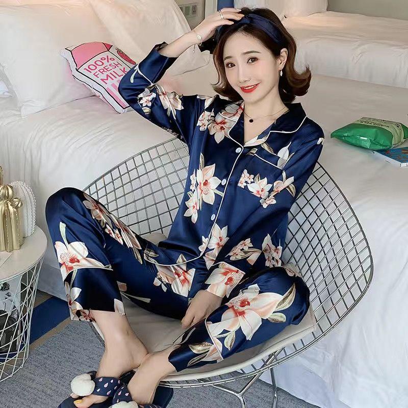 Ice Silk Long-sleeved Thin Women's Pajamas Sexy Korean Style Cute Spring and Summer Plus Size Two-piece Suit