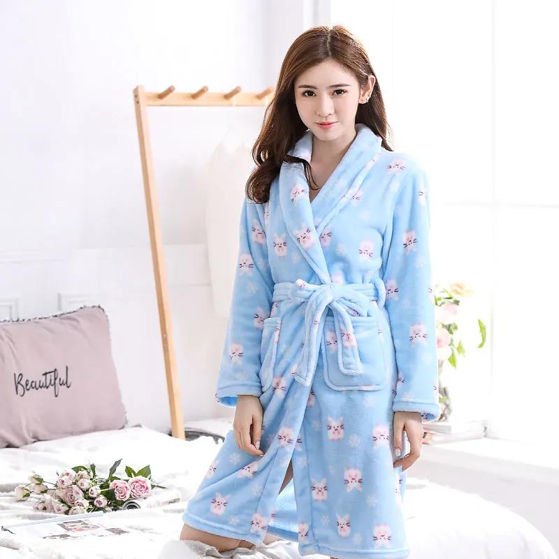 Winter Kimono Robe Plush Fleece Bathrobes for Women Soft Warm Printed Long Sleeve Sleepwear Pajamas