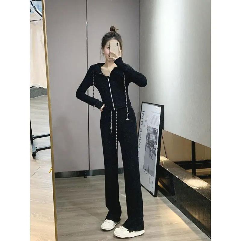 2PCS Women's Casual Sports Suit Long-sleeved Knitted Zipper Cardigan + Wide-leg Pants Two-piece Suit Ladies Slimming Fitness Suit Athletic Clothing