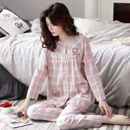 Women's Spring Autumn Long-sleeved Pajamas 100% Cotton Simple Plaid Pyjamas Set Outerwear Loose Comfortable Homewear Set