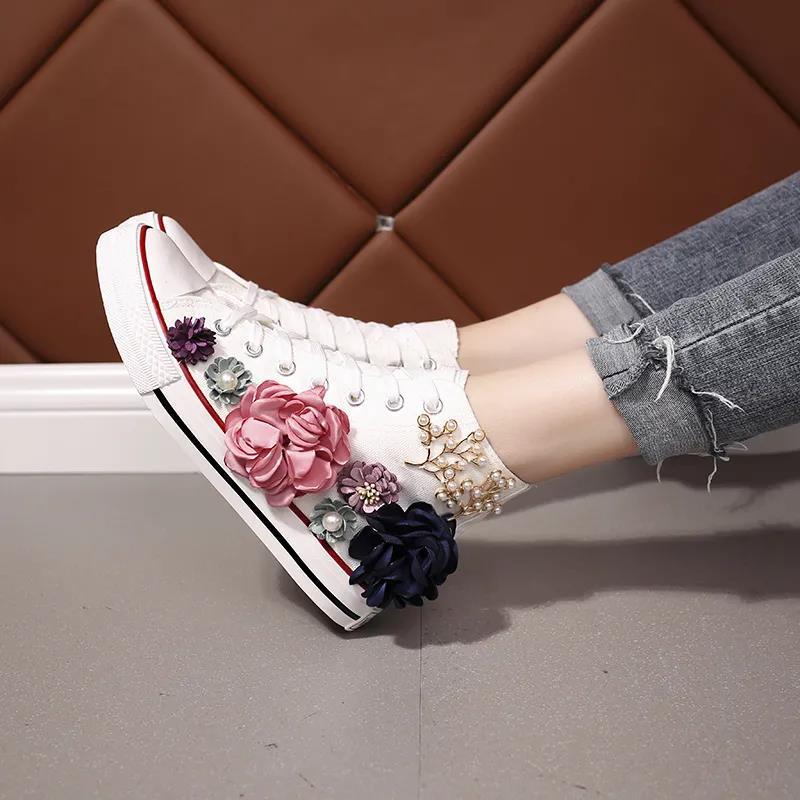 Popular Canvas Shoes Small White Shoes Women's High-top Handmade Custom Three-dimensional Flower Pearl Flat Casual Student Shoes