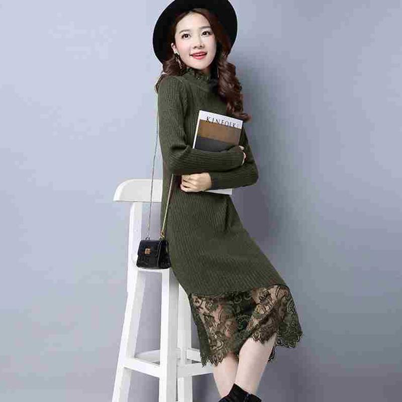 Autumn and Winter Fashion Lace Stitching Women's Bottoming Shirt Long-sleeved Mid-length Over-the-knee Slim Warm Sweater Dress