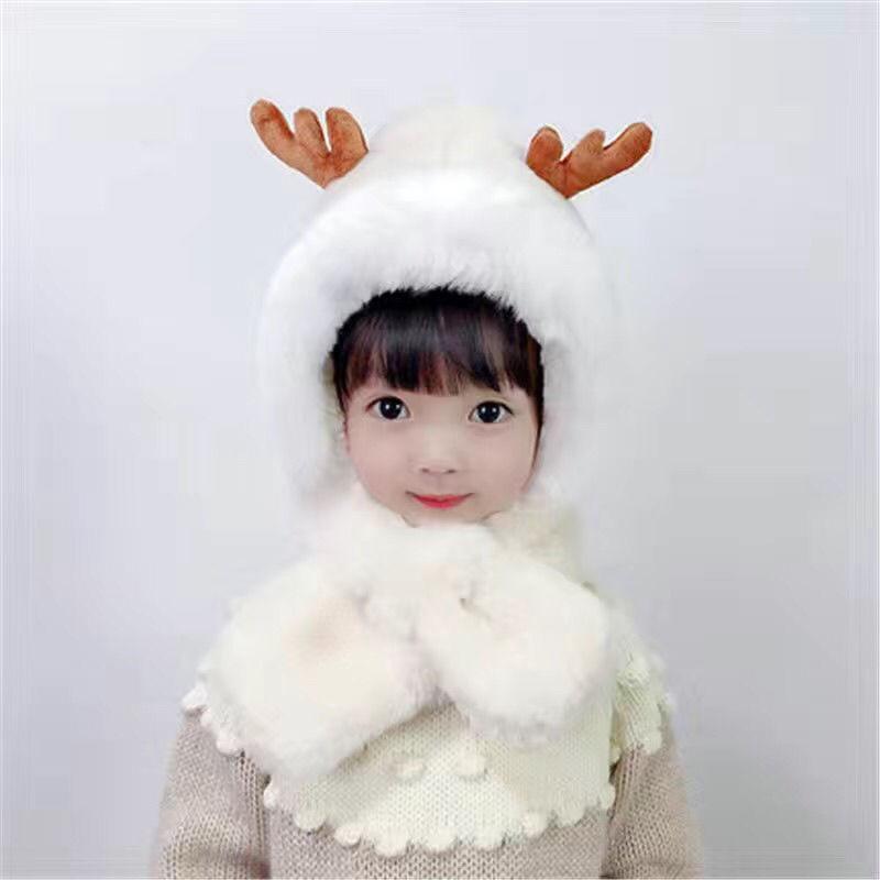 Autumn and Winter New Children's Antler Hat Scarf Integrated Plush Thickened Lovely Warm Hat Men's Treasure Women's Treasure Small Hat