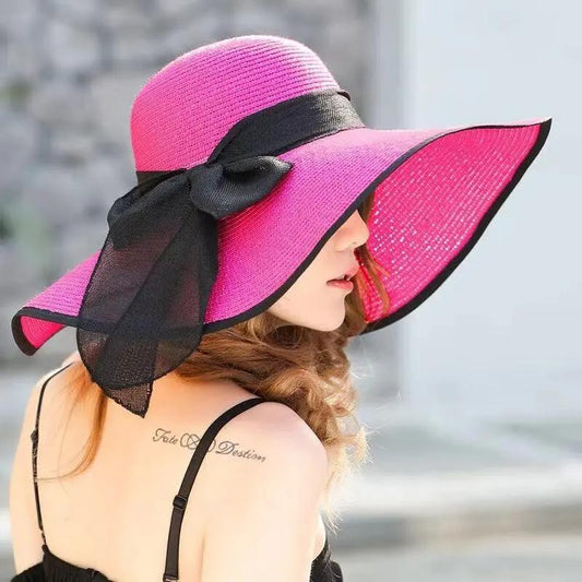 Women's Foldable Summer Straw Hat Bow Ribbon Beach Hat Big Brim Sunscreen Cap Sunshade Sun Hat Vacation All Match Hat