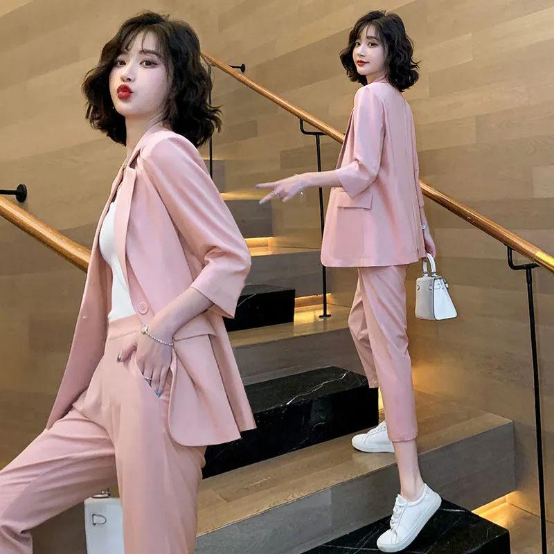 2PCS Women's Solid Color Suits Set Ladies Suit Thin Jacket + Loose Casual Pants Two-piece  Spring and Autumn Large Size Fat Girl Slimming Suit