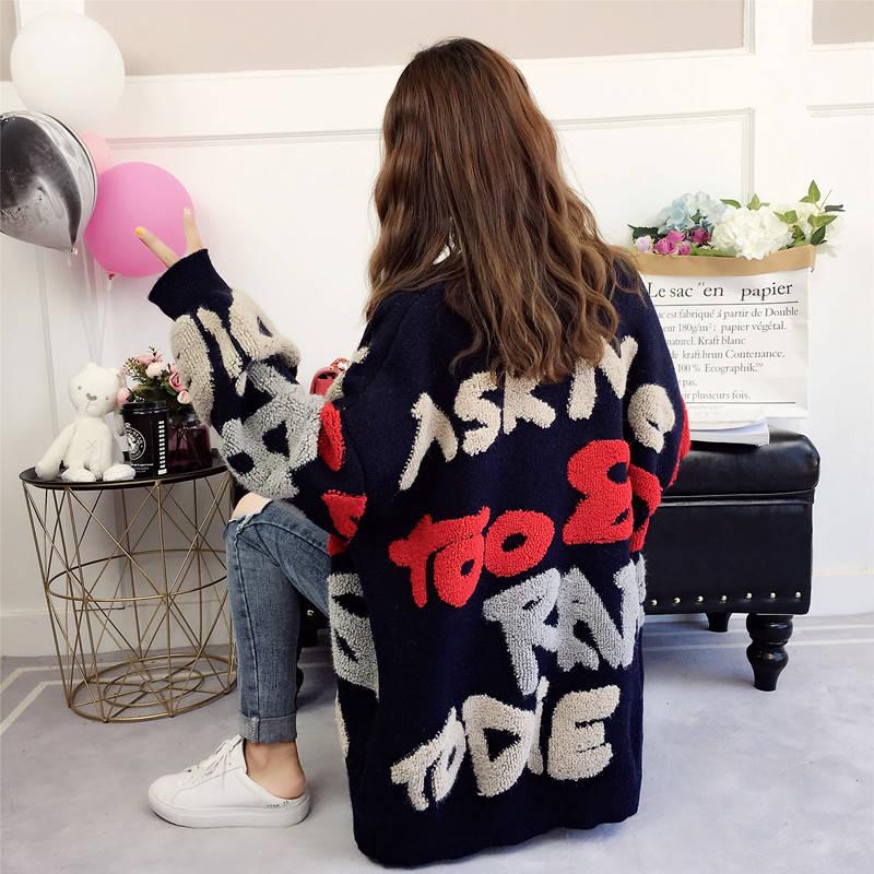 Women's Letters Jacquard Loose Knitted Jacket Long-sleeved V-neck Sweater Cardigan