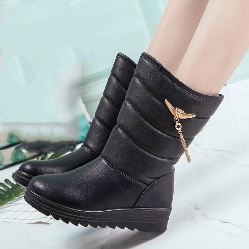 Women Boots Leather Mid Calf Plush Winter Warm Snow Boots Women Cotton Boots Botas Mujer