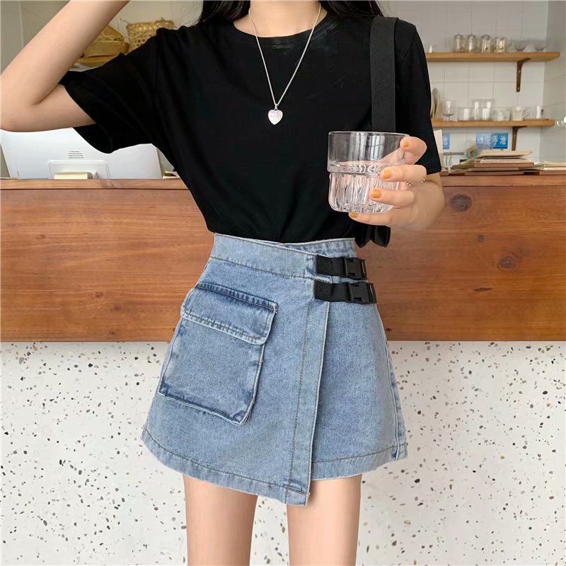 WTEMPO Big Pocket Irregular High Waist Denim Shorts Women Loose Wide Leg A-line Casual Shorts