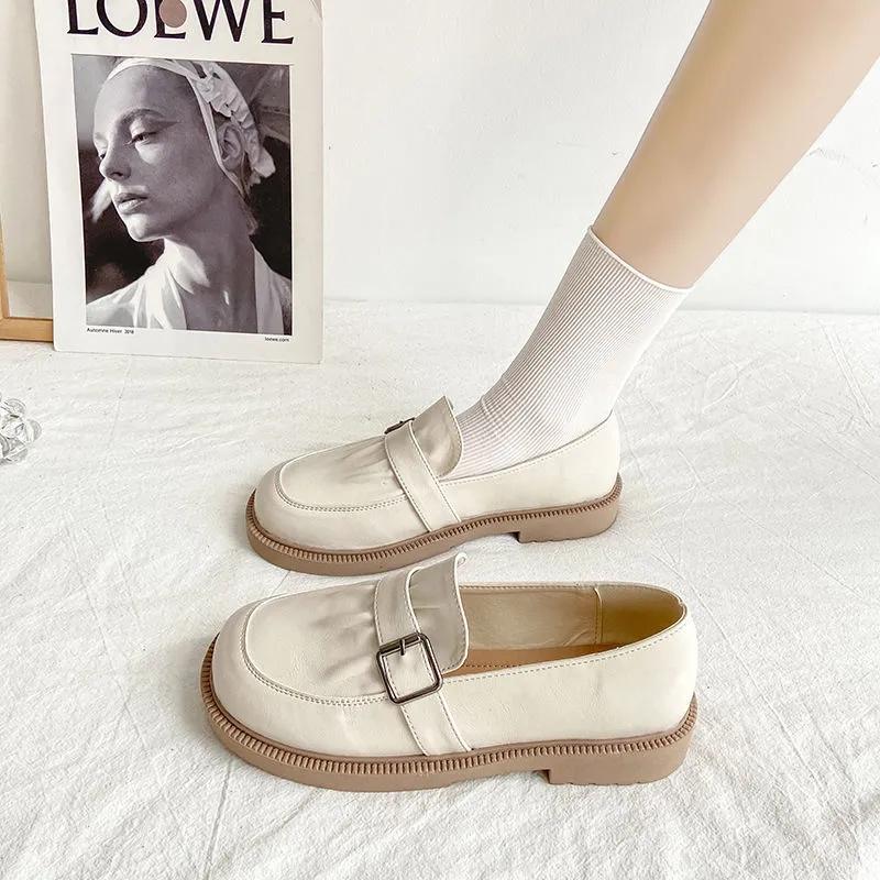 Female Retro British Style Black Leather Shoes Girls Spring Autumn Summer Flat Slip-on Single Shoes Casual Mother Home Shoes