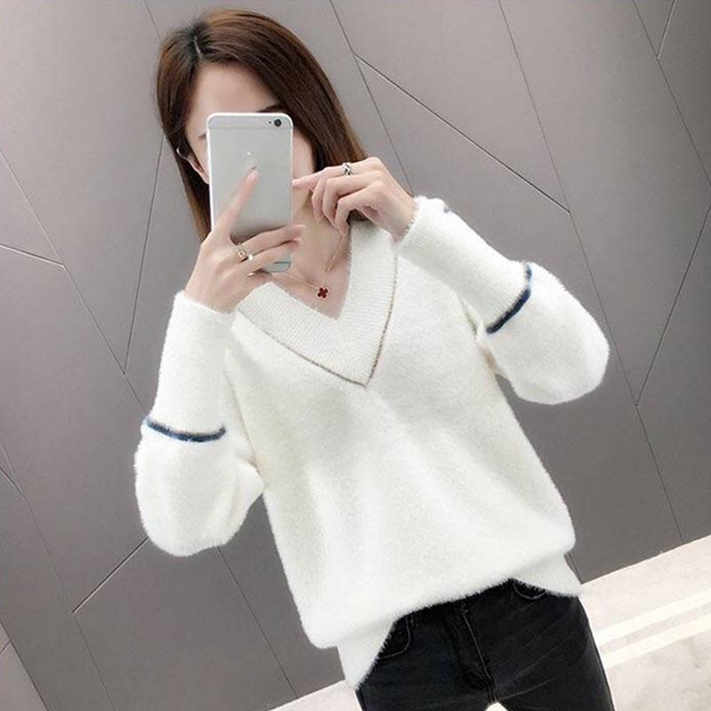 Autumn and Winter Mohair Sweater Loose Casual V-neck Tops Fashion Knitted Women's Bottoming Shirt